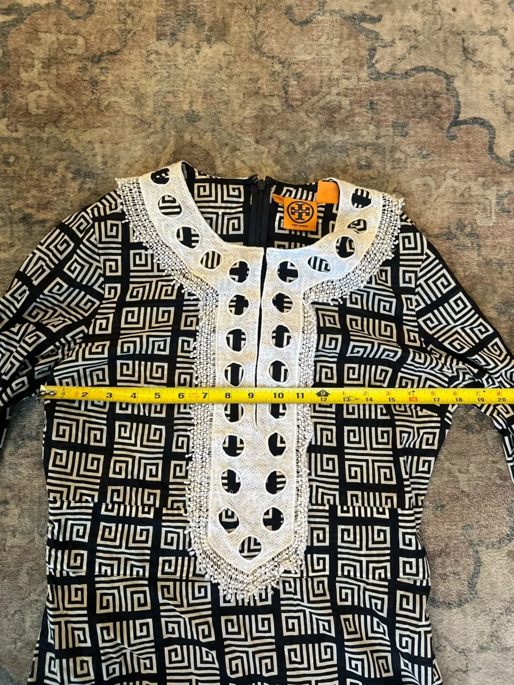 Tory Burch Derelia Black White Geometric Long-Sleeve Top Embroidered Yoke Cotton